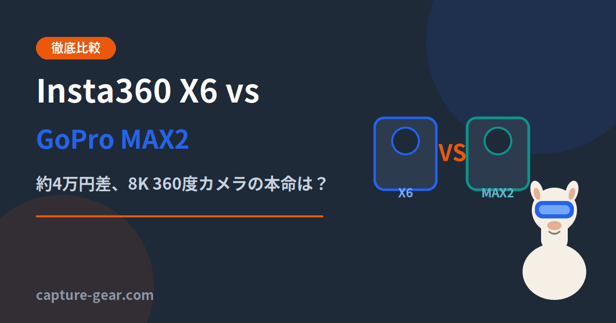 Insta360 X6とGoPro MAX2の比較記事アイキャッチ。約4万円差の8K 360度カメラ対決